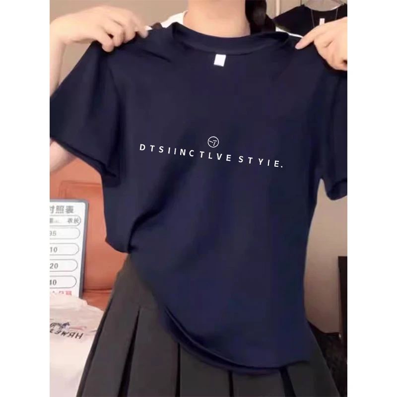 热卖款正肩圆领纯棉短袖上衣时尚休闲百搭显瘦藏青色t恤女高级感