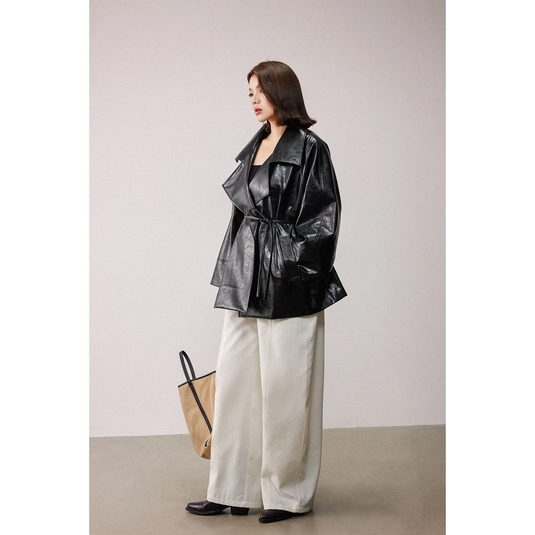 PLUSMALL 暗糖摩卡 摩登复古气质肌理感长皮衣外套PLUS2507030