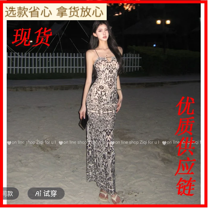 夏威夷日落 可拆胸垫莱姆花复古连衣裙女夏季显瘦性感辣妹风短裙