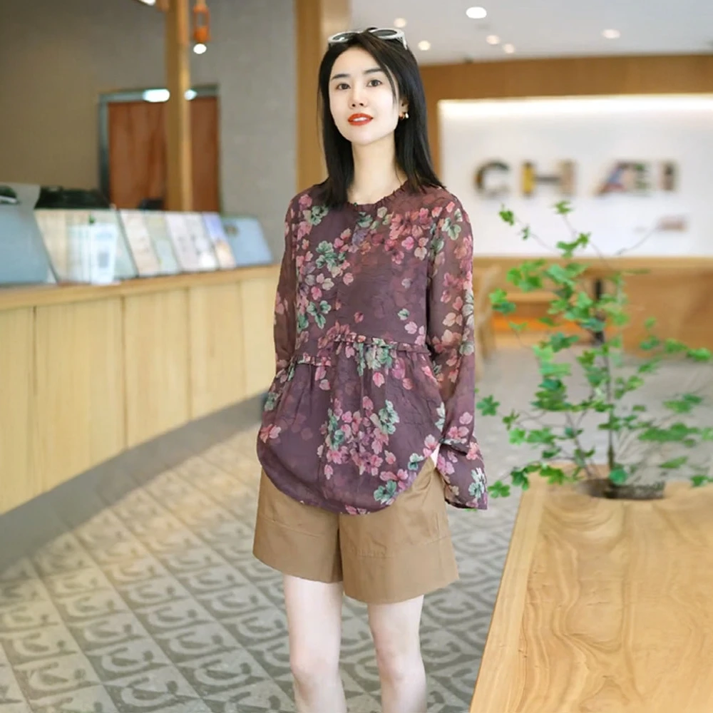 高级感气质复古印花衬衫女2025春夏新款宽松显瘦长袖防晒洋气上衣