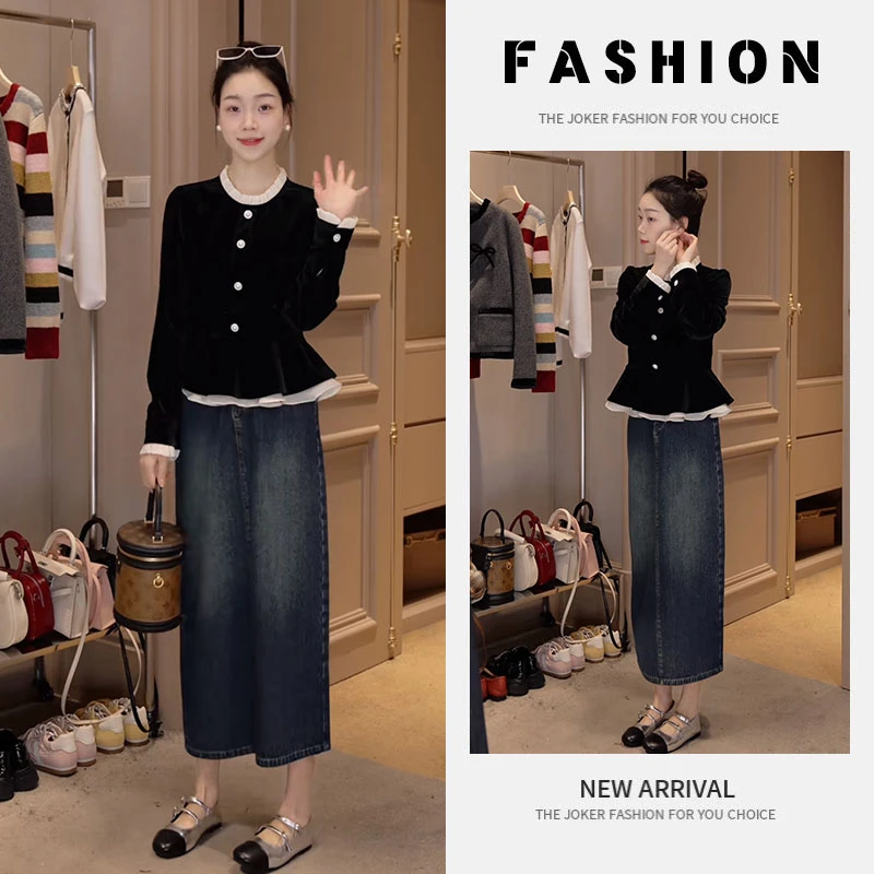 早春时尚一整套女装2025新款韩版收腰减龄上衣牛仔半身裙两件套潮