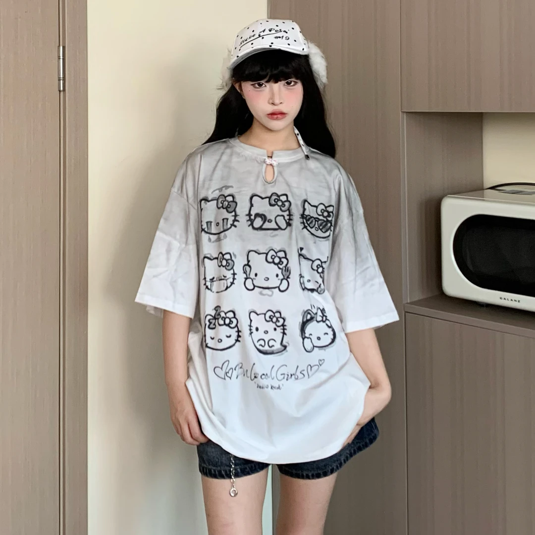 EZEK夏季新款甜酷风渐变KT猫短袖T恤女辣妹街头显瘦正肩上衣潮