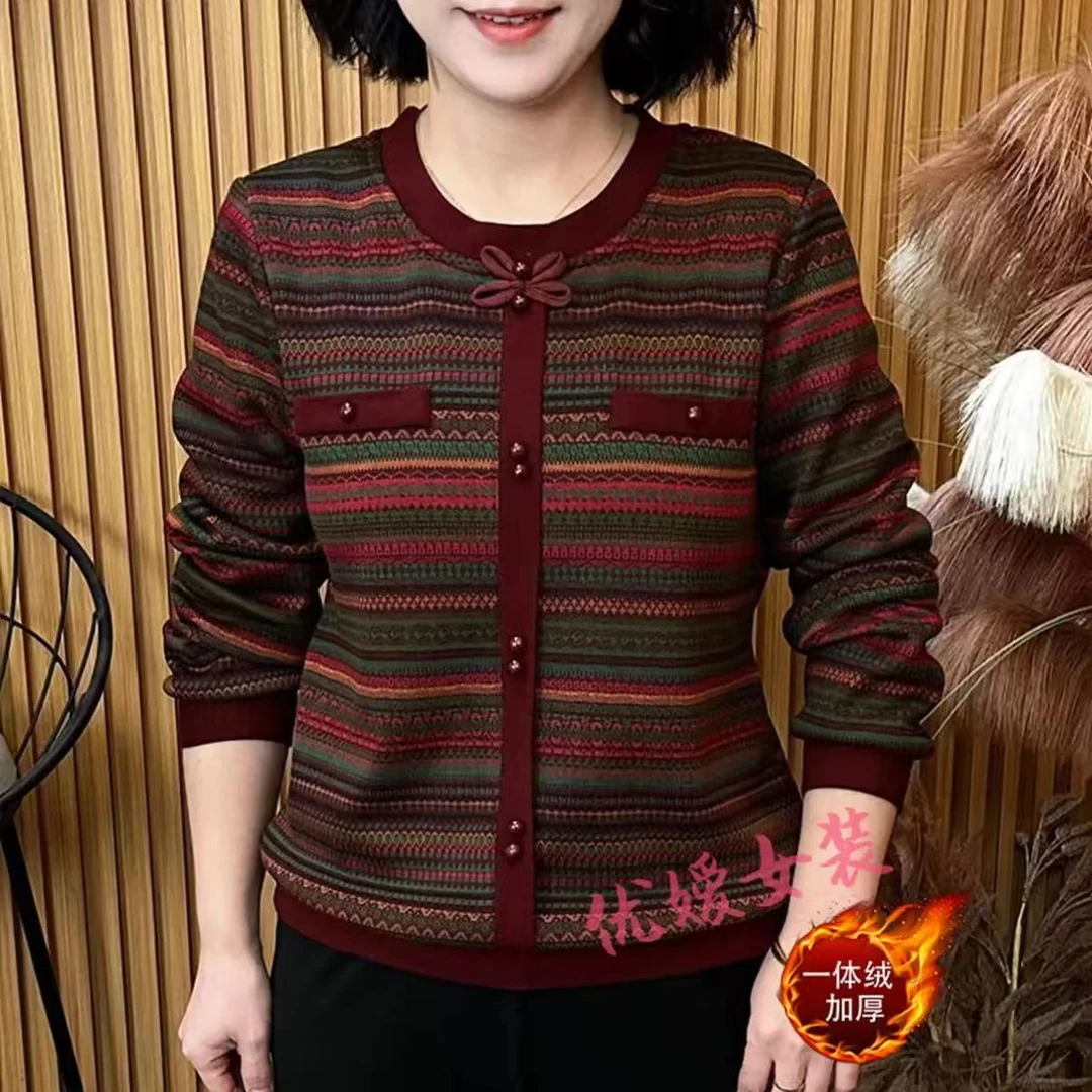 妈妈装女士上衣冬季加绒加厚保暖圆领假两件条纹宽松显瘦洋气