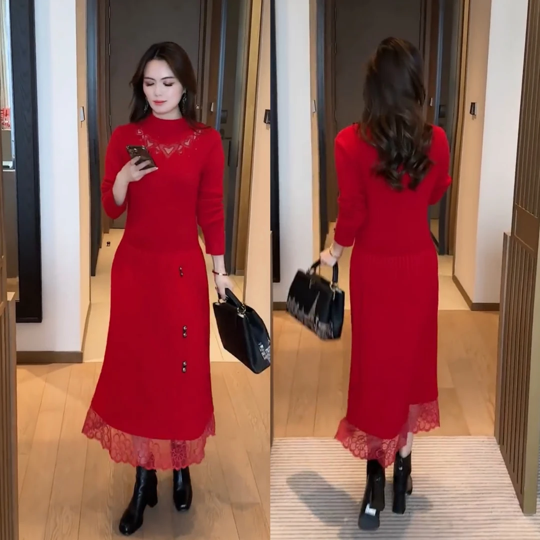 秋冬加绒保暖连衣裙加厚中长款洋气加绒显瘦时尚打底裙子
