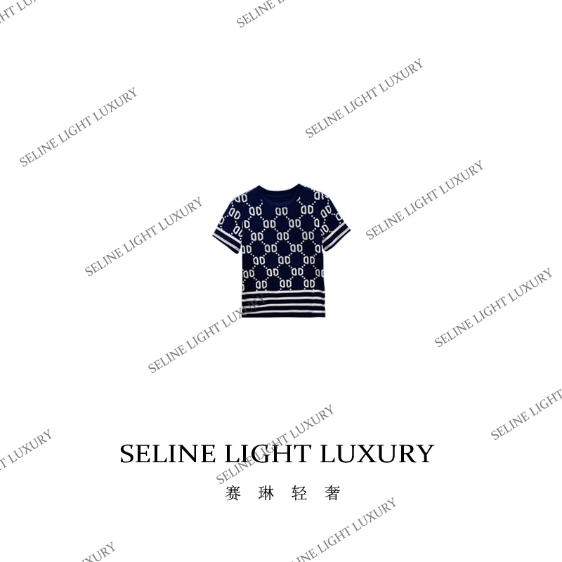 【25C-05】 2025 SELINE 设计师原创轻奢藏蓝色时尚百搭短袖T恤