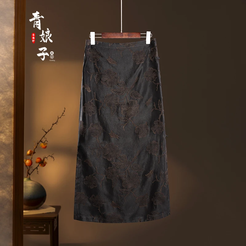 青娘子〔雅琴〕提花国风复古气质新中式开叉百搭包臀半身裙--60168