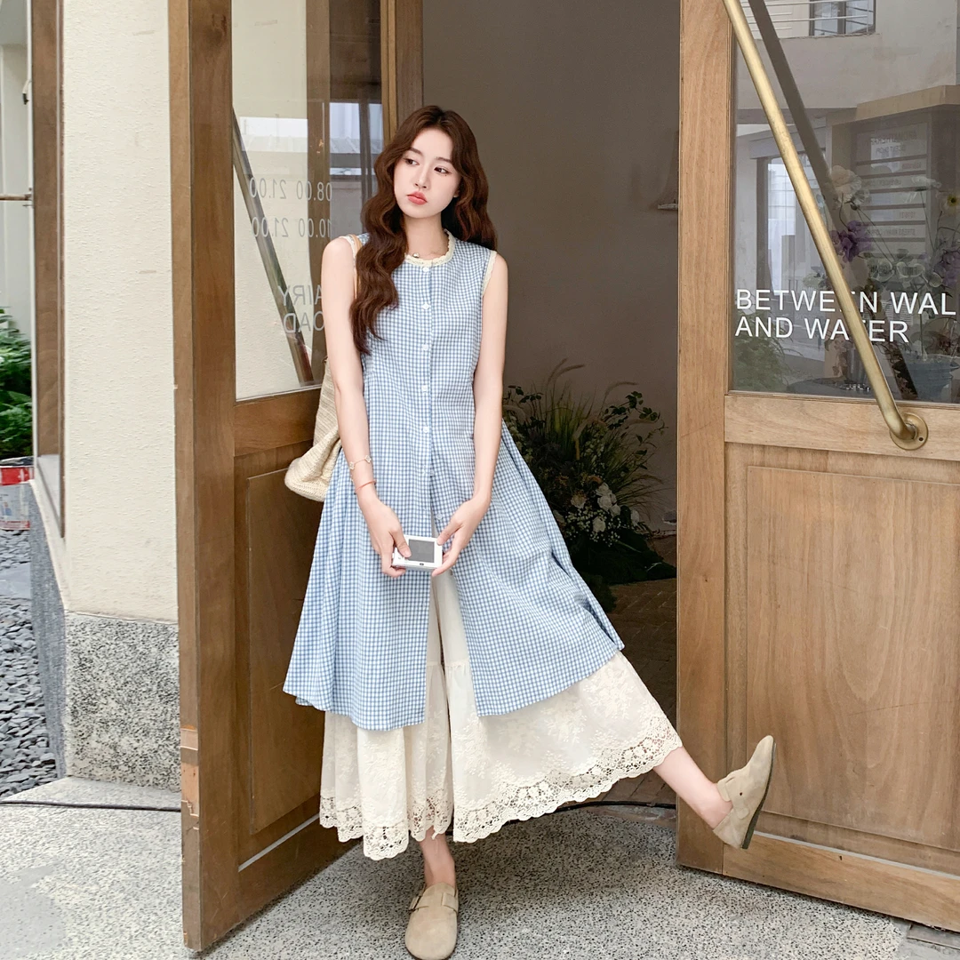 森系小清新格子背心连衣裙两件套女2025夏季新款度假风蕾丝阔腿裤