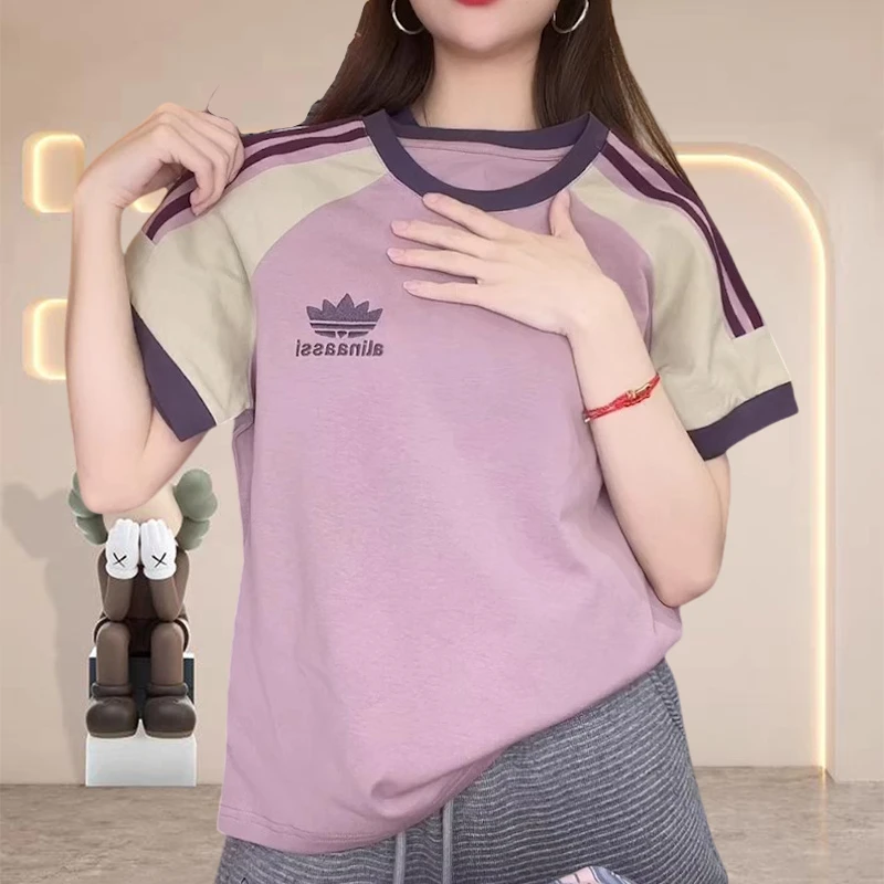 纯棉出游服装女紫色新款时髦潮牌刺绣女生韩系ins衣服女款圆领t恤