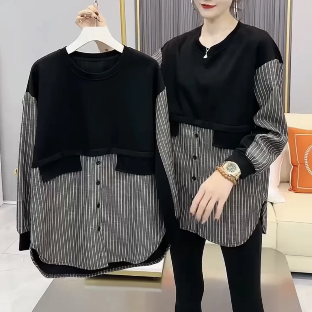 长袖休闲风中长款加厚拼接条纹大衫