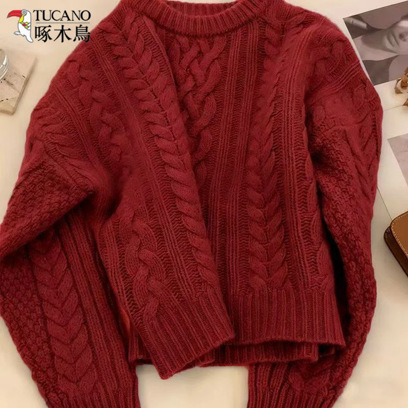 TUCANO/啄木鳥设计感小众麻花套头毛衣女装秋冬款宽松针织衫上衣