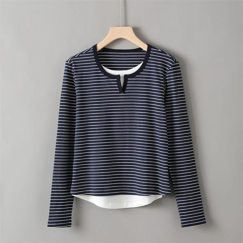 【主播推荐】女款条纹小半开门假两件宽松长袖T恤J009（2）