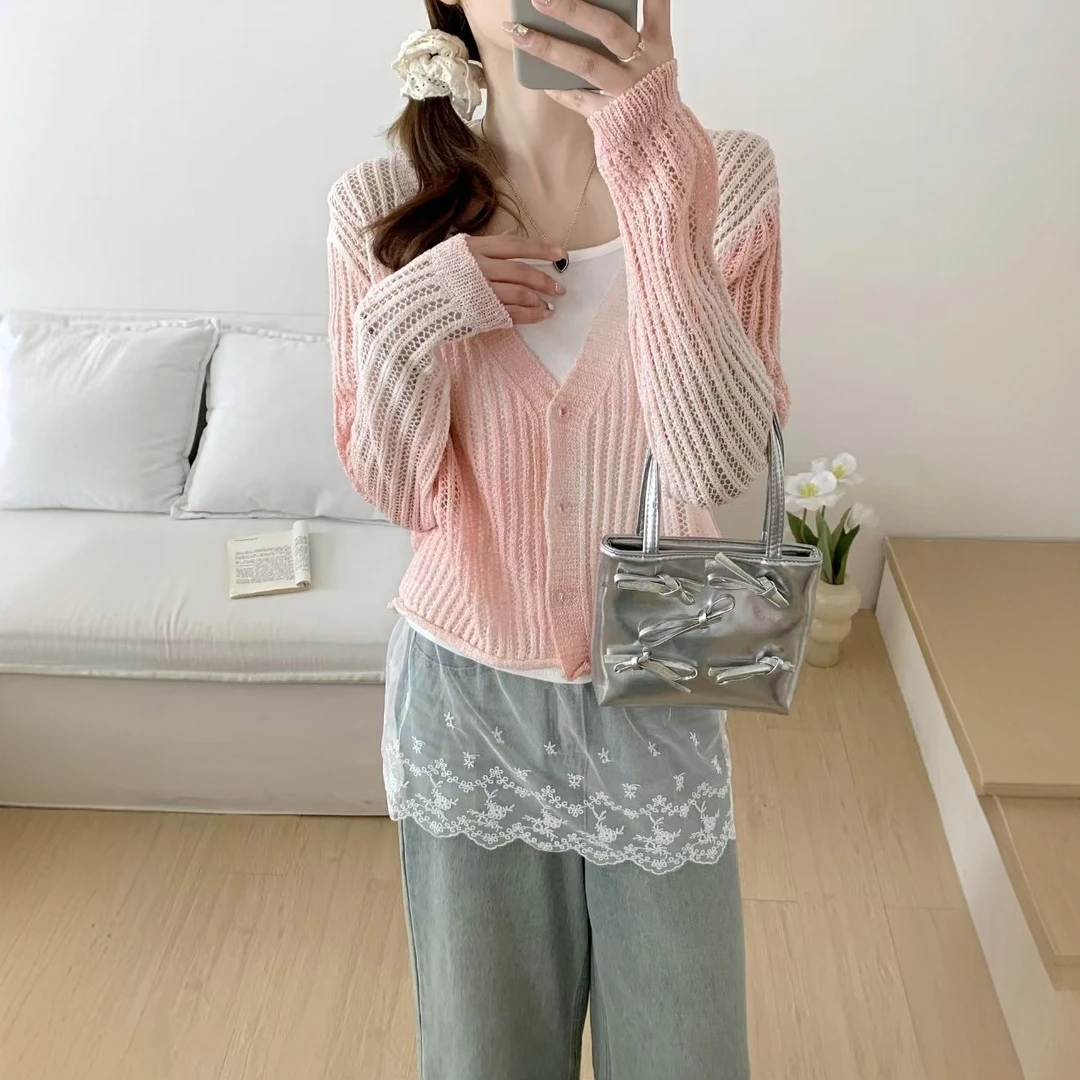 2025春夏新款温柔风渐变设计感针织开衫女薄款宽松显瘦超好看上衣
