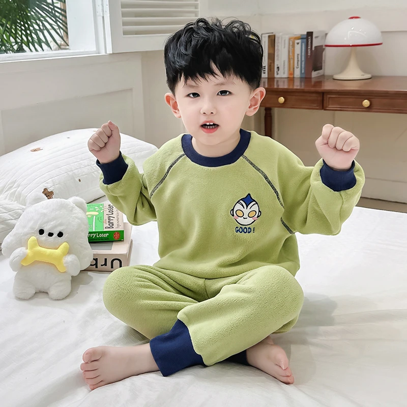 奥特曼男童睡衣秋冬薄绒男孩冬季宝宝加厚保暖套装儿童分体家居服