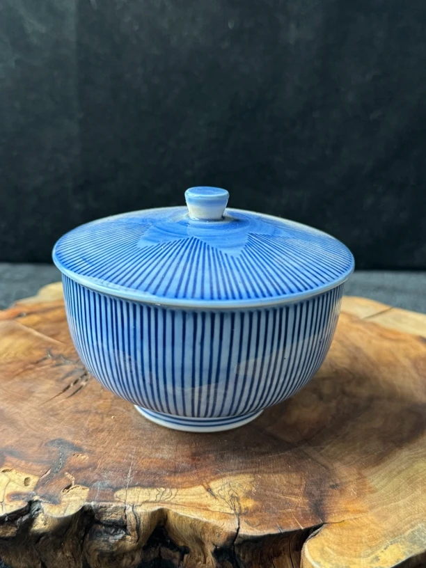回流盖杯 青花条纹 有暗款