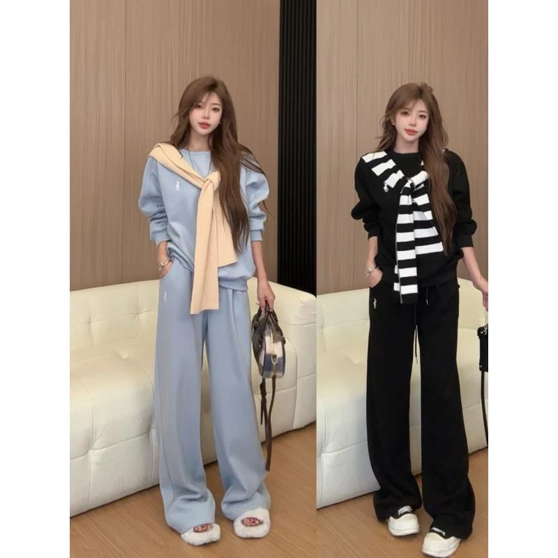 李馨儿【便利签】显瘦气质运动白色针织时尚休闲春秋直筒连帽套装