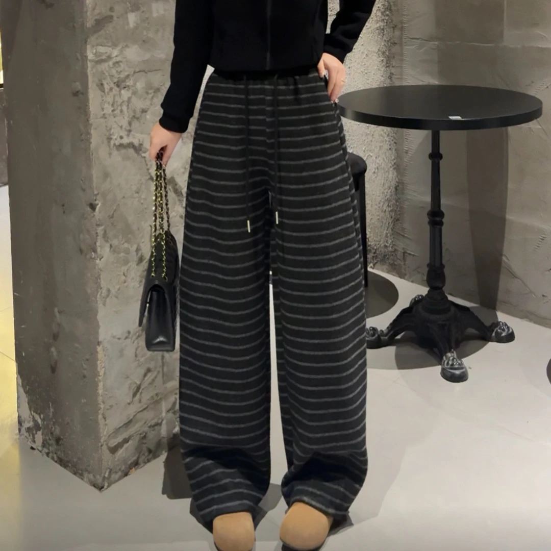MY【条纹爱好者】冬季新款韩系高腰撞色复古条纹弯刀裤松紧腰休闲裤