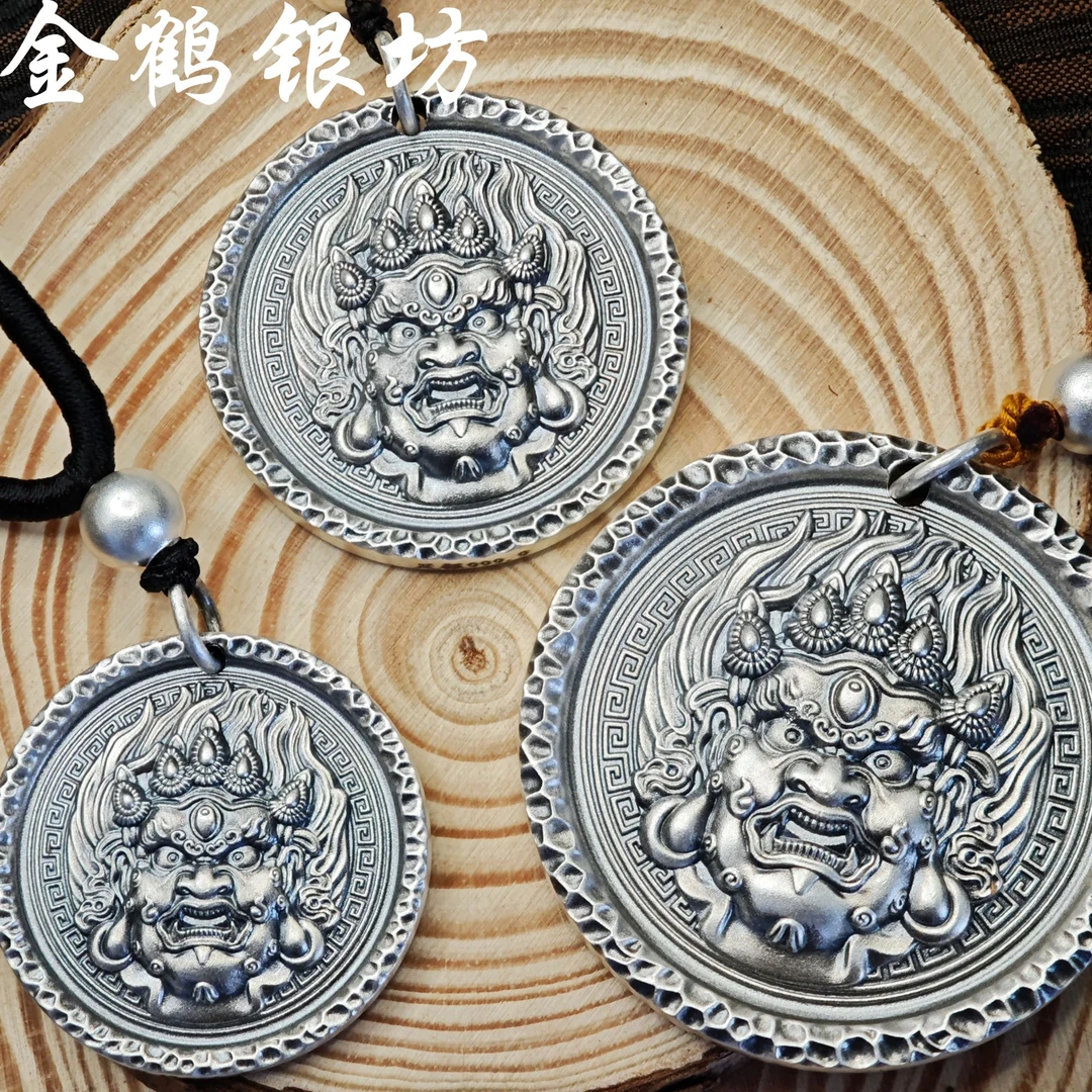 足银银制品 足银9999黑财神吊坠时尚复古双面实心挂坠做旧精雕