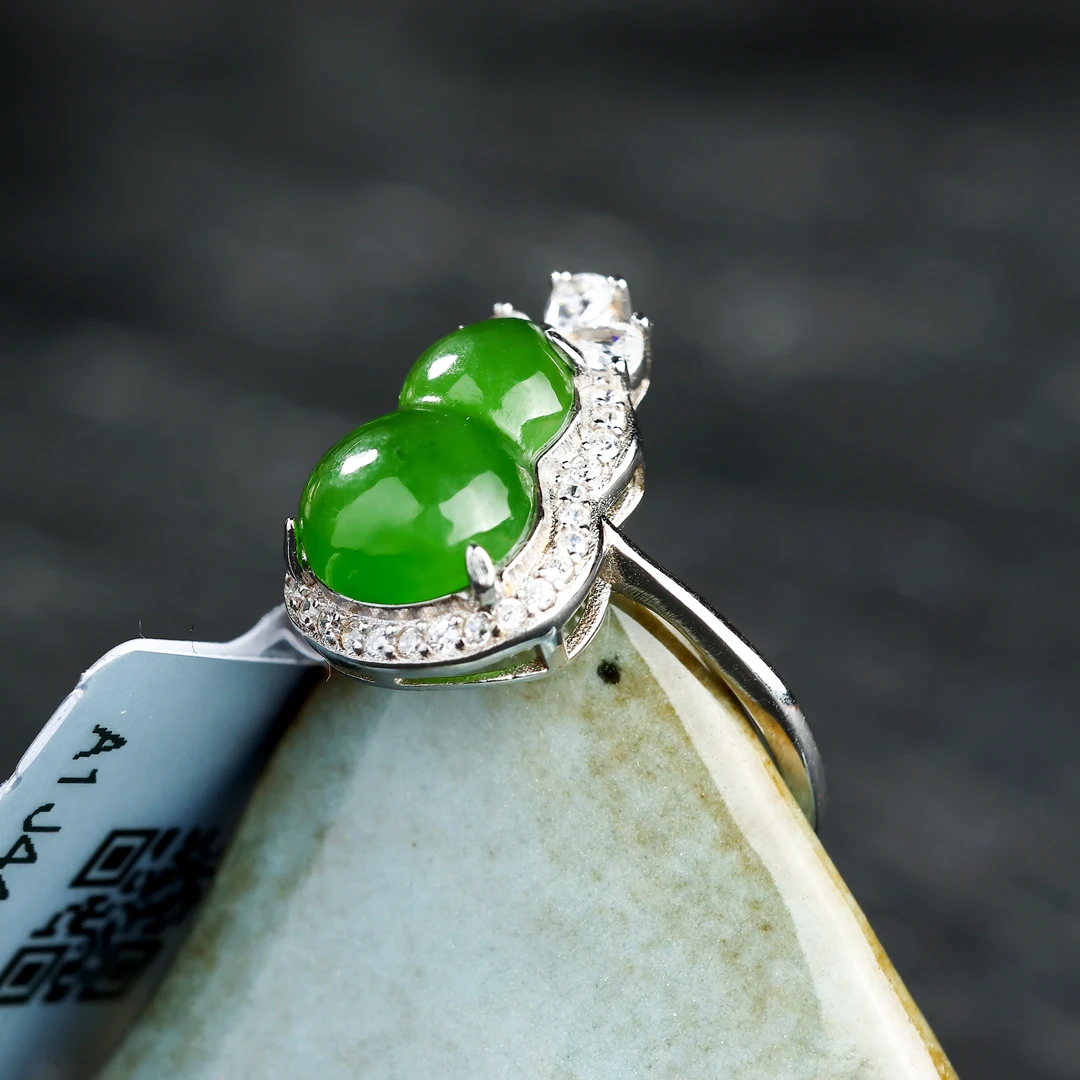 KJ-A1J445和田玉碧玉戒指S925葫芦可调节活口戒指精美银戒时尚