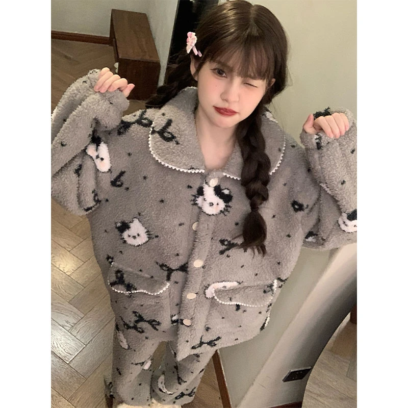 韩版卡通珊瑚绒加厚睡衣女款秋冬季爆款加绒法兰绒家居服两件套装