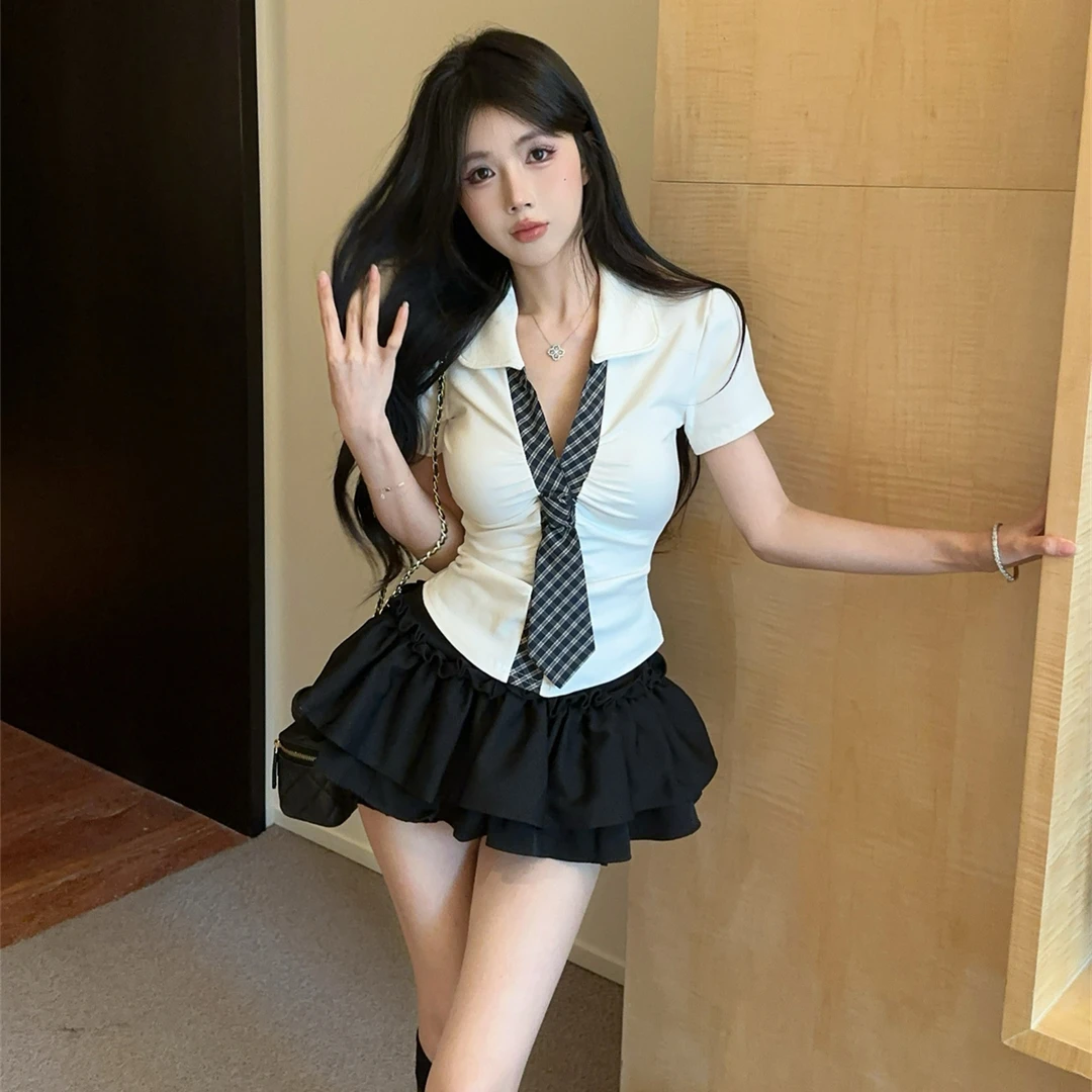 法式学院风制服辣妹假两件修身polo短袖T恤高腰蓬蓬半身短裙套装