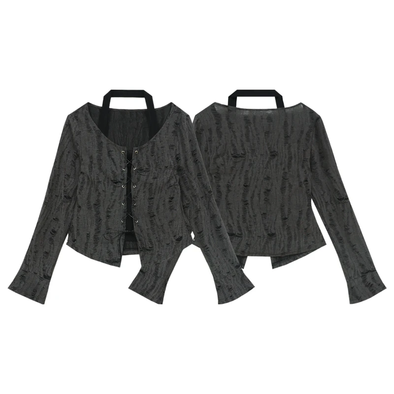 【暮色沙影】秋季内搭挂脖设计假两件复古感长袖T恤上衣DM21650