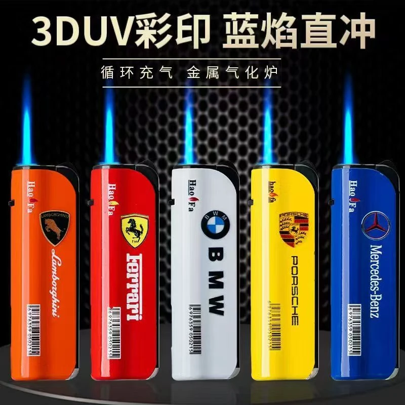 蓝焰直冲金属创意防风防爆高档车标斜打网红打火机批发