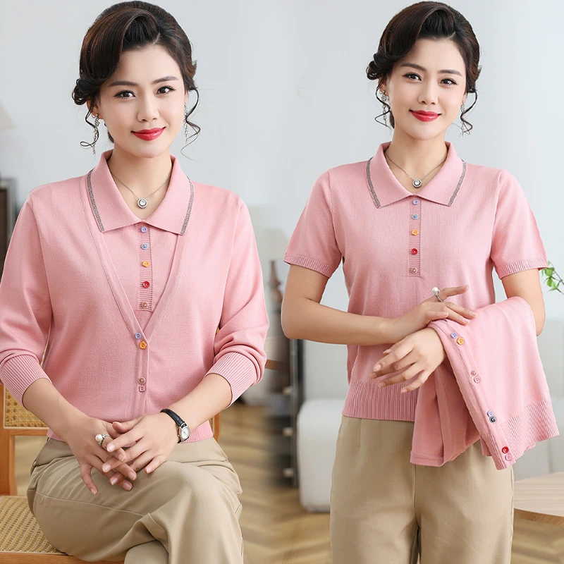 妈妈春秋装薄款针织两件套开衫中老年女宽松大码短袖翻领T恤上衣