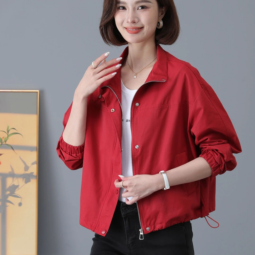 女士立领休闲夹克2024新款时尚潮流宽松纯色短款妈妈洋气外套百搭