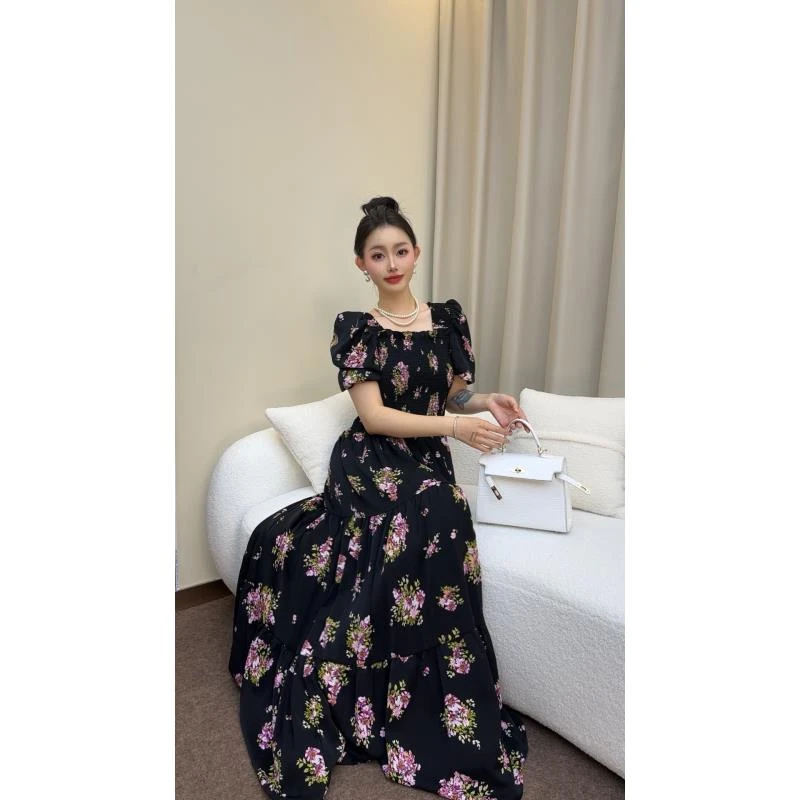 【824】新款气质显瘦收腰法式一字肩印花碎花夏季连衣裙裙子长裙