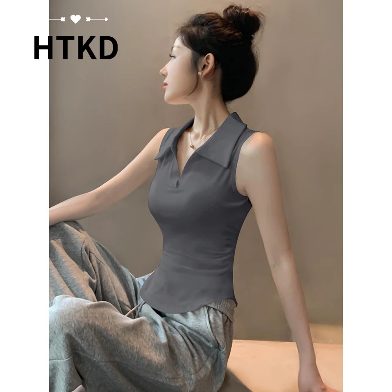 HTKD高级感烟灰色polo领吊带背心女夏季2025挂脖弧形下摆紧身