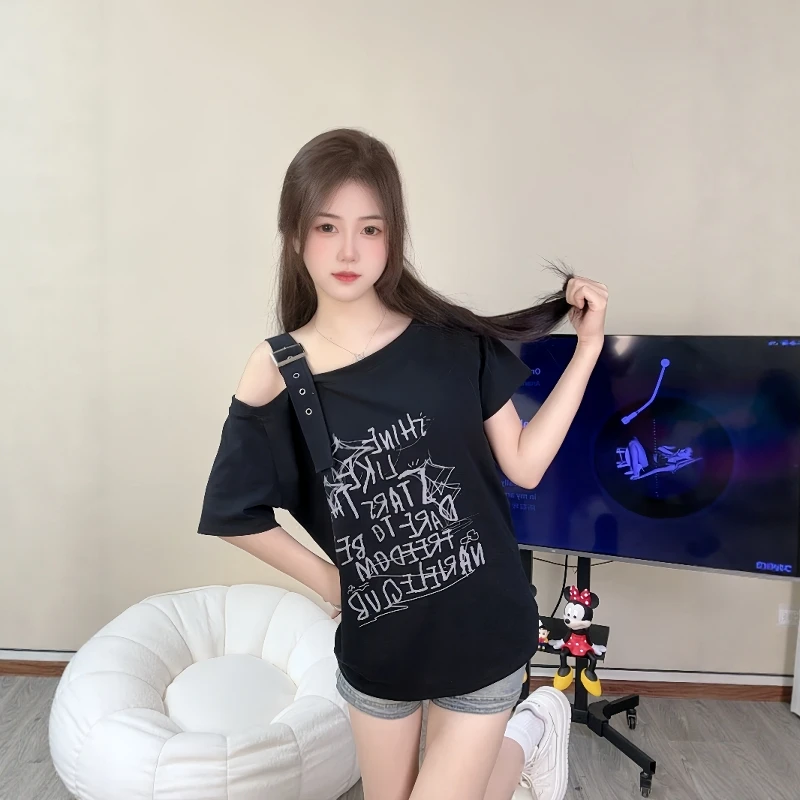美式港风辣妹斜肩短袖t恤女夏季设计感小众露肩甜酷宽松显瘦上衣