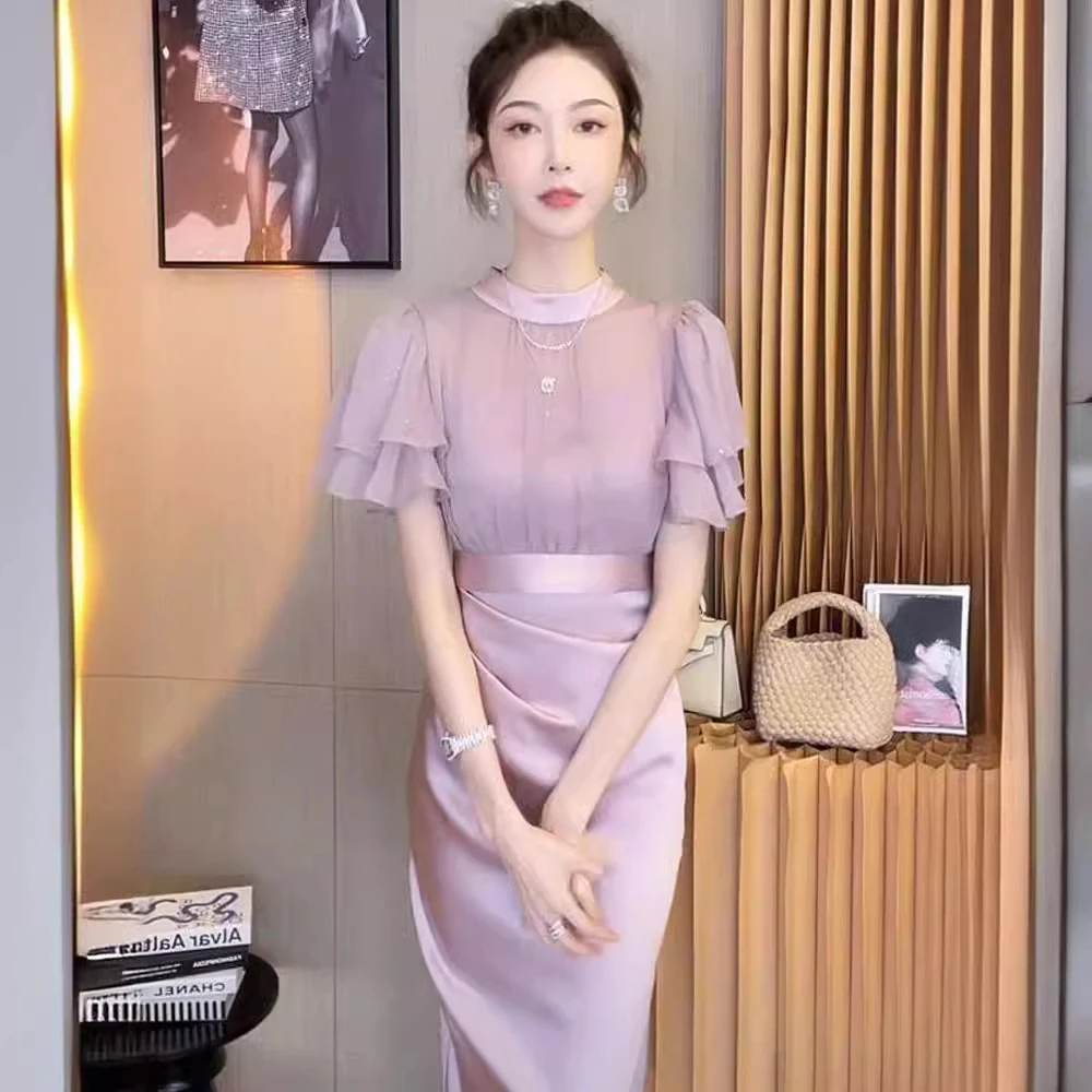 法式小香风紫色连衣裙两件套轻奢气质收腰显瘦设计夏季新款套装