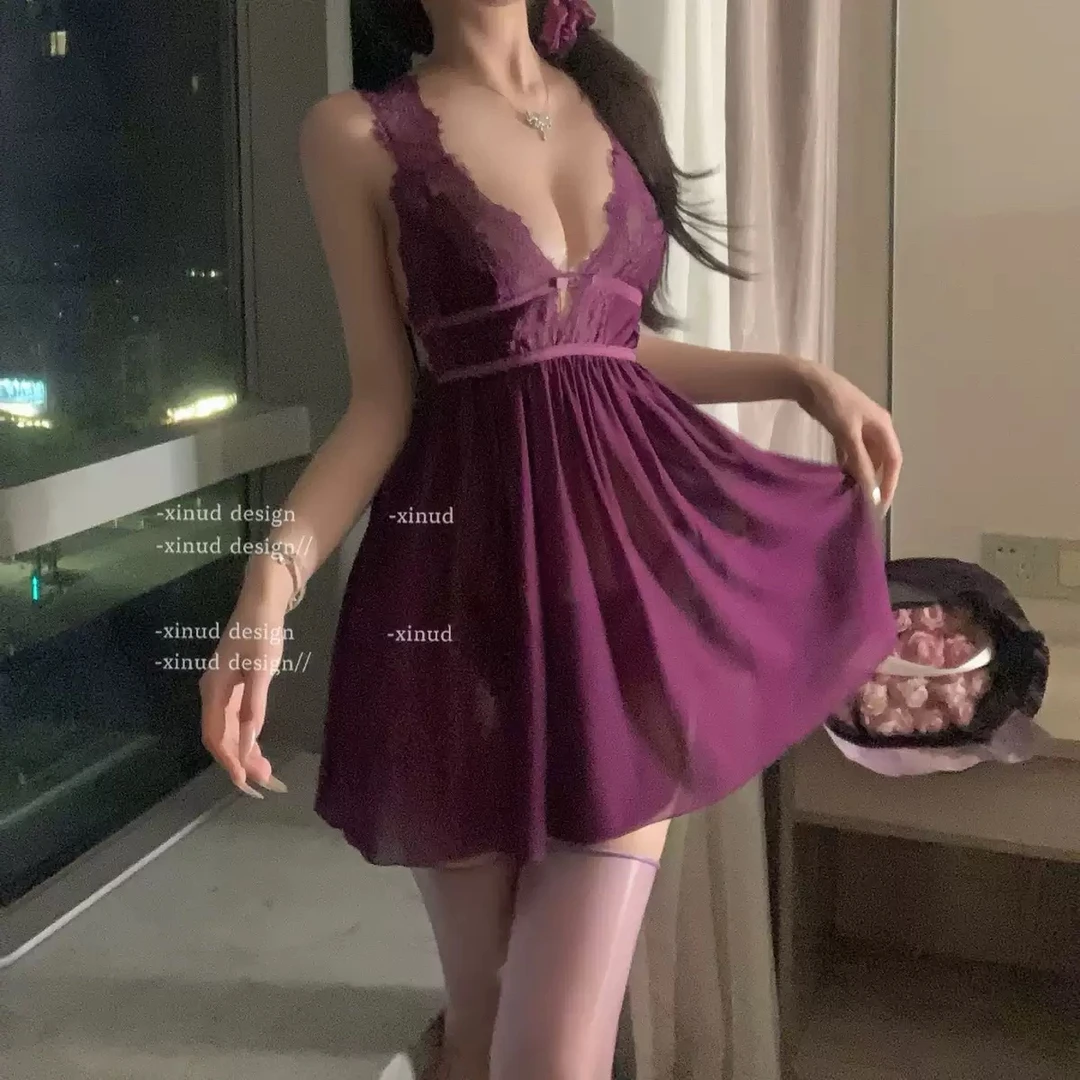 椿·CHUN【80-120斤】法式蕾丝小众设计师睡裙6343