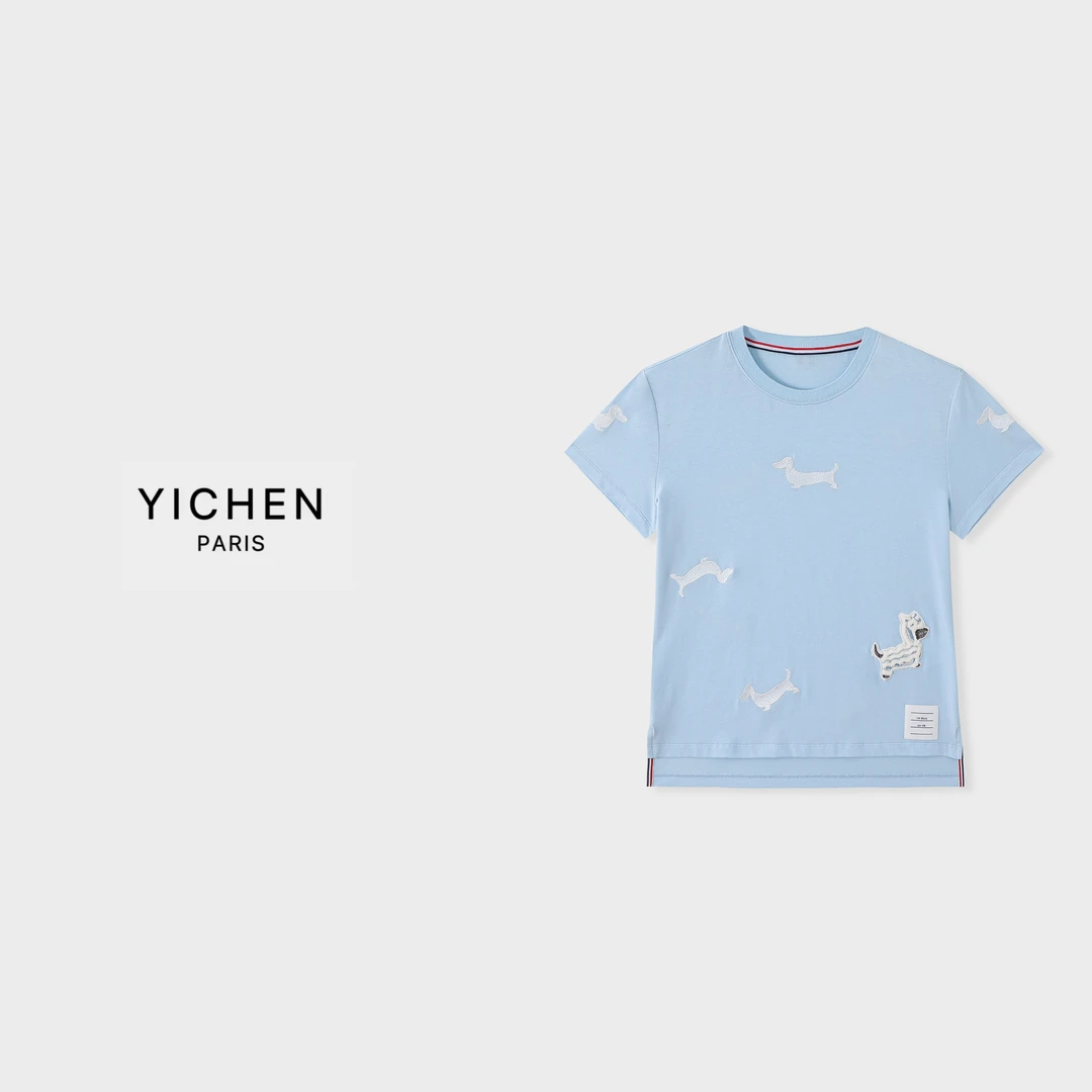 YC Baby蓝刺绣腊肠狗徽标不规则开叉休闲T恤-3192