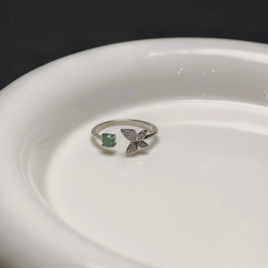 【蝶恋花】天然A货翡翠蓝水蝴蝶开口银戒指FY737