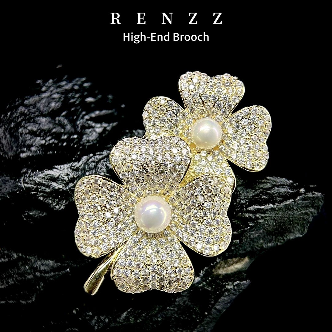 铜合金合成锆石胸针 2097高定设计师双生幸运草胸针