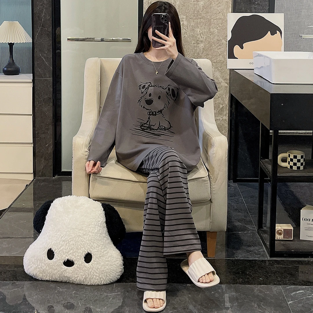 长袖睡衣女春秋季纯棉大码2025年新款可外穿条纹狗家居服舒适套装