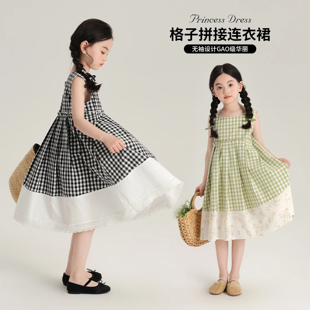 布丁哈鲁【法式田园】2024女童夏季清新百搭格子无袖连衣裙G42DB426