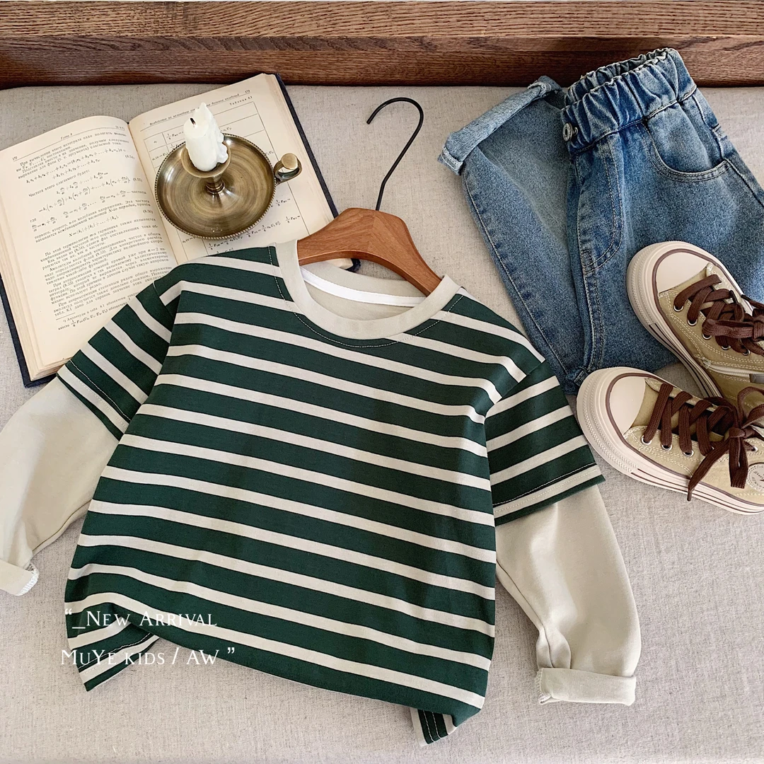 MY7228儿童打底衫2025春季男童韩版条纹拼接假两件上衣