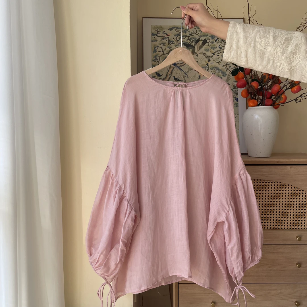 春夏季新款法式苎麻衬衫女灯笼袖设计感小众宽松显瘦长袖上衣粉色