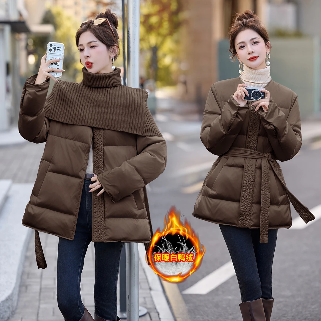 针织披肩羽绒服女中长款2025冬季新款高领收腰显瘦高级感保暖外套