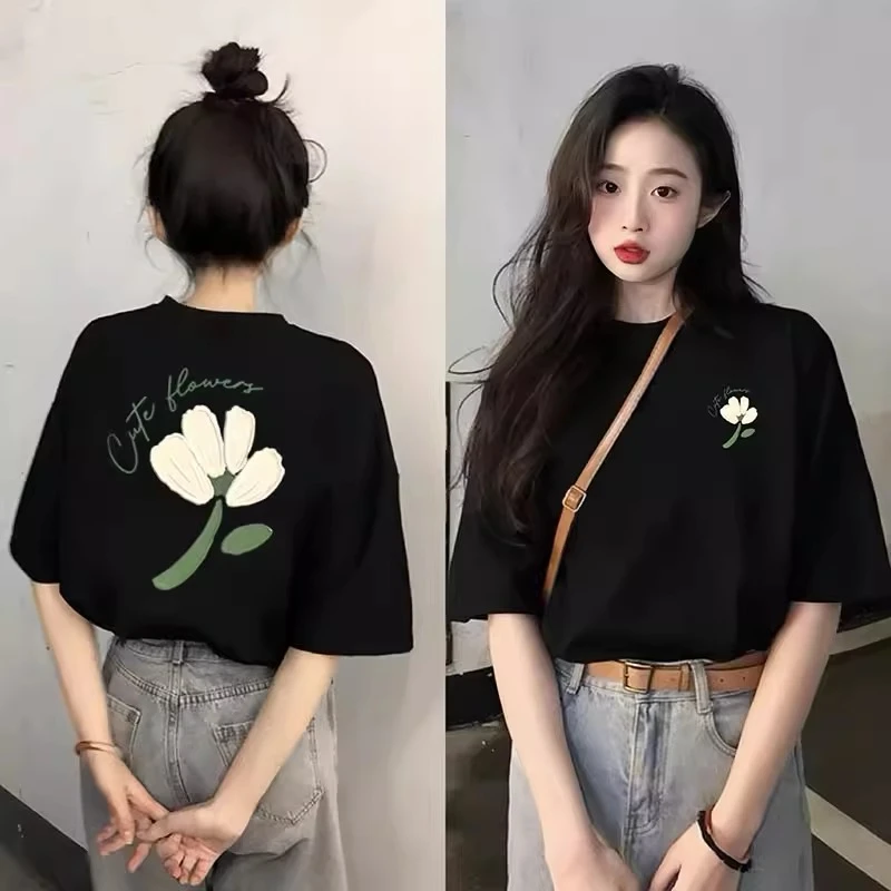 黑色t恤女短袖2025夏季新款爆款潮流设计感宽松纯棉体恤半袖上衣
