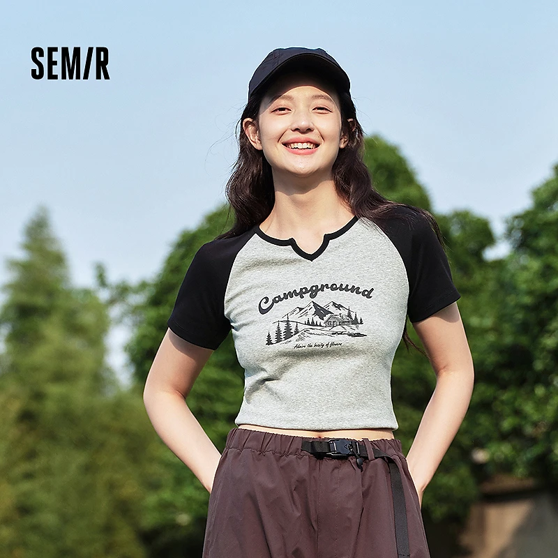 森马短袖T恤女短款紧身小个子显瘦2025夏新款印花插肩袖衣服山系