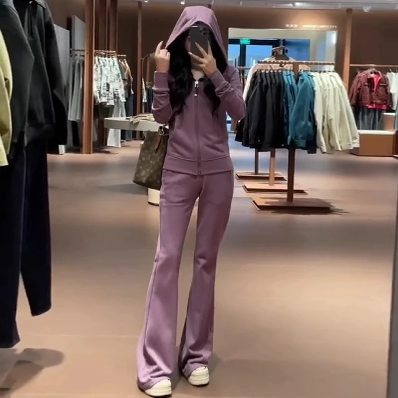 时尚休闲运动套装女2025春新款显瘦开衫连帽卫衣外套微喇裤两件套