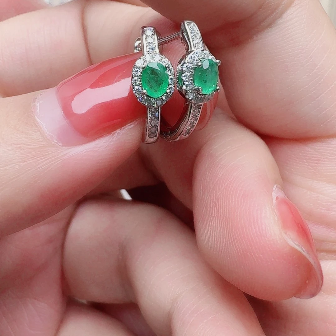 耳饰银S925镶嵌祖母绿耳钉