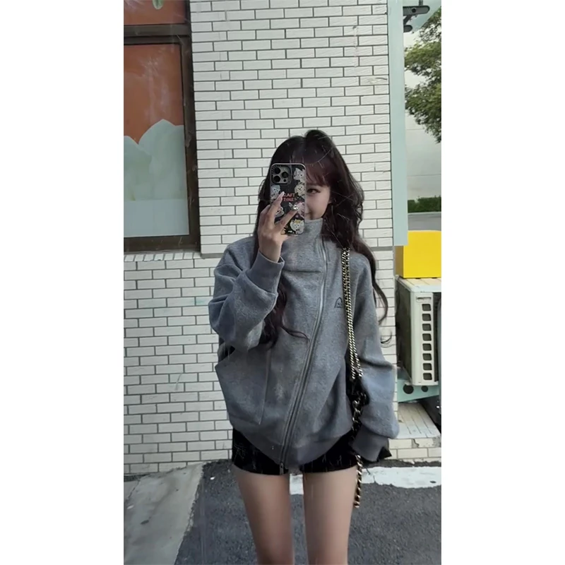 秋季新款设计感不规则双拉链翻领上衣女美式高街灰色开衫外套上衣