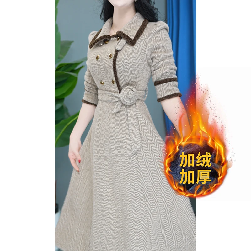 长袖显瘦气质修身加厚时尚洋气中长款连衣裙