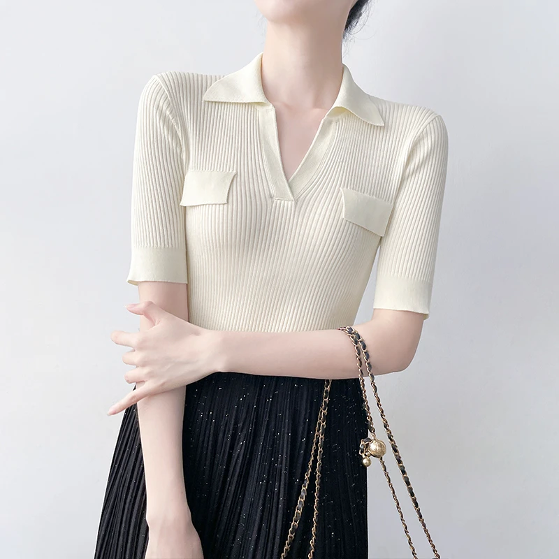 Q623短袖正肩T恤女夏季新款时尚修身翻领上衣气质显瘦针织POLO衫