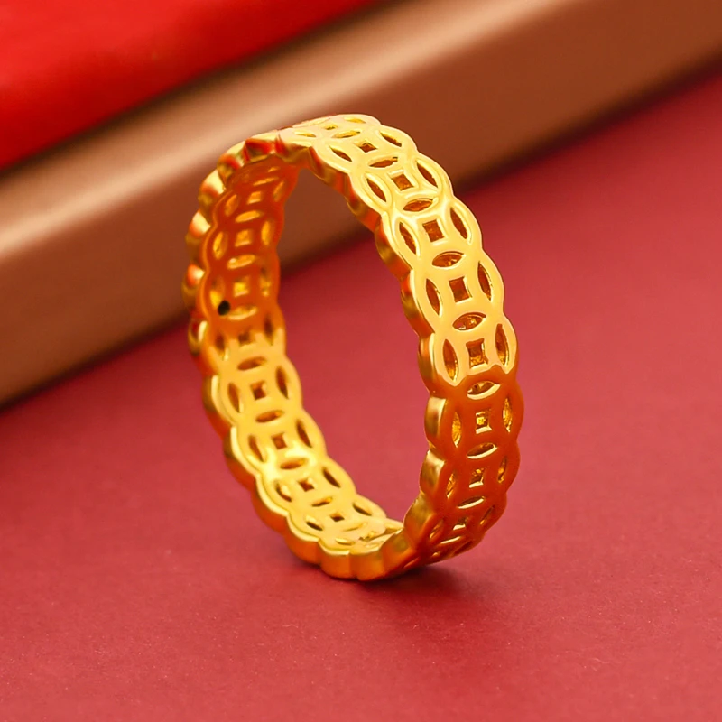 黄金镂空铜钱戒指5D素圈男女情侣对戒情人节女款礼物足金时尚