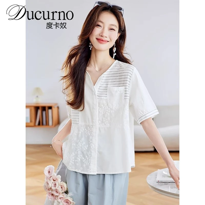 2025夏季新款法式气质短袖衬衫女独特别致宽松上衣刺绣白衬衣潮流